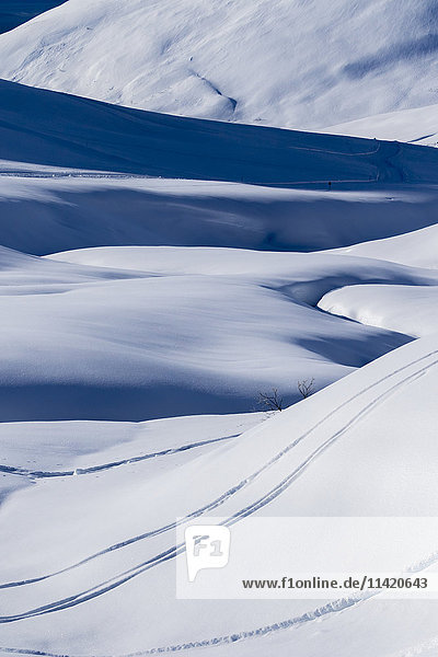 Skispuren in Hatcher Pass  einem wichtigen und beliebten Skigebiet  da es normalerweise viel Schnee erhält  Süd-Zentral-Alaska; Alaska  Vereinigte Staaten von Amerika '