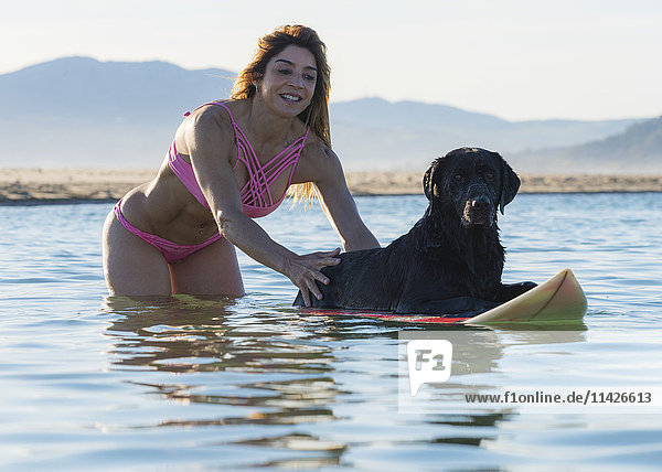 'Woman having fun with her pet dog in the water; Tarifa  Cadiz  Costa de la Luz  Andalusia  Spain'
