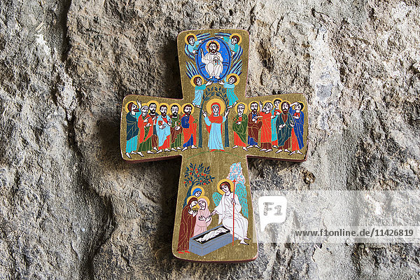 'Cross with paintings depicting the life of Jesus at Khor Virap Monastery; Ararat Province  Armenia'
