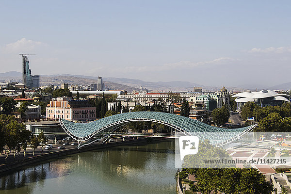 'Bridge of Peace  a bow-shaped pedestrian bridge over the Mtkvari (Kura) River; Tbilisi  Georgia'