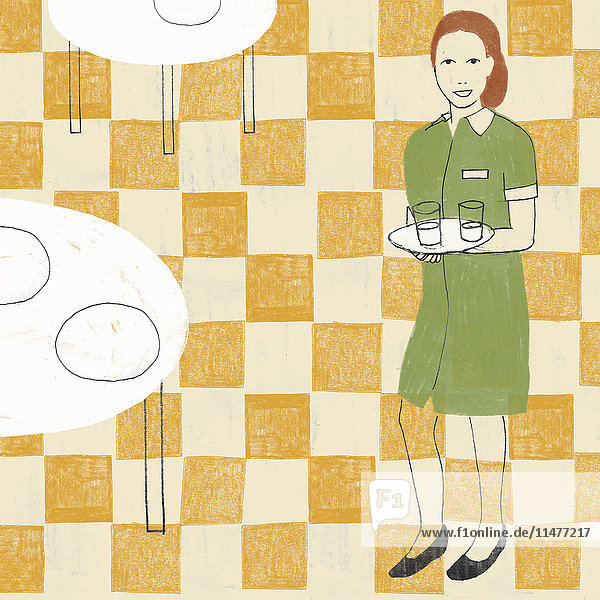 Waitress holding tray with glasses