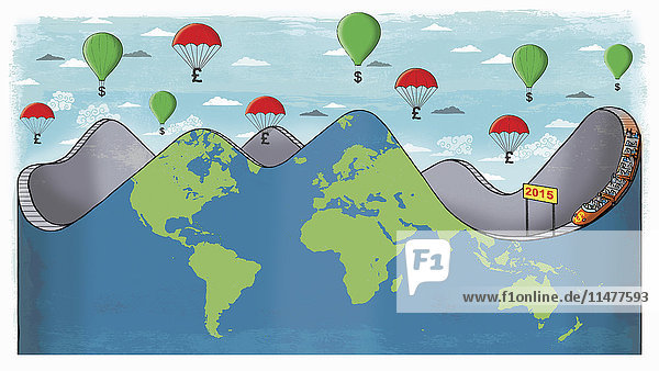 Globale Achterbahn mit Geld- Heißluftballons darüber