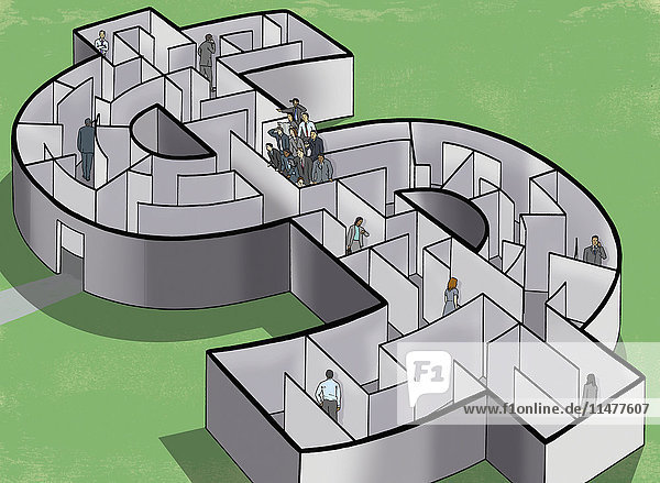 Geschäftsleute in einem Dollar-Labyrinth mit einem Team, das die Lösung findet