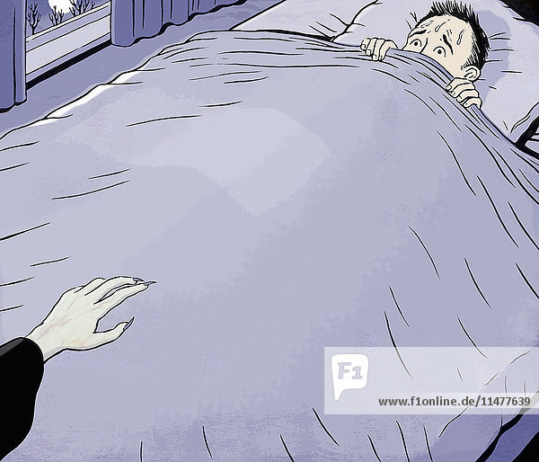 Scared man in bed with vampire approaching
