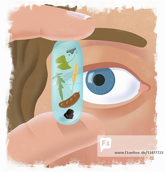 Hand holding and eye looking at pill with plants and food inside