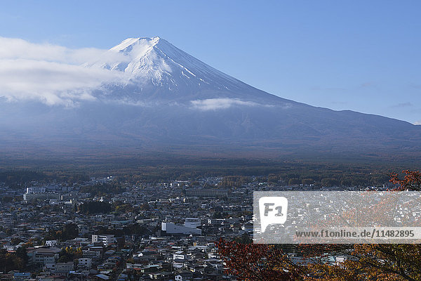 Mount Fuji and Fuji-Yoshida city from Arakura Sengen Shrine  Yamanashi Prefecture  Japan
