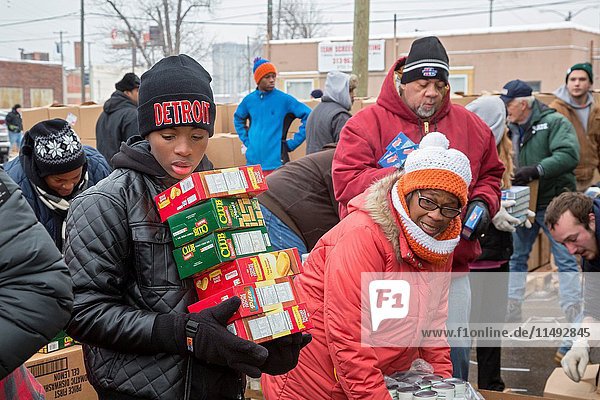Detroit  Michigan - Members of the Teamsters and AFL-CIO unions package holiday food boxes for distribution to the unemployed and underemployed.