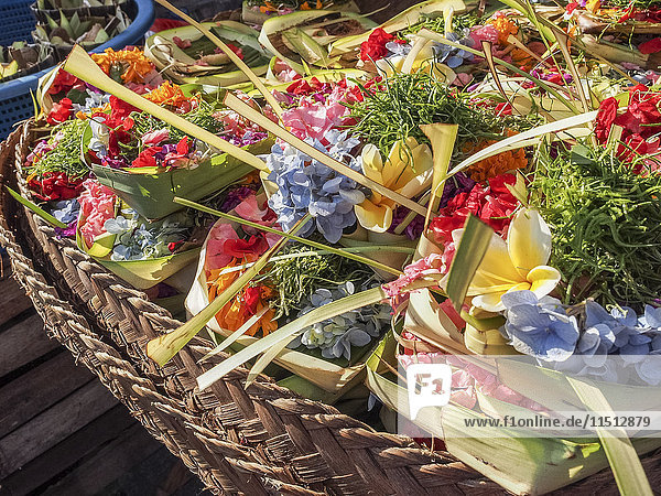 Offerings of flowers for sale  Denpasar  Bali  Indonesia  Southeast Asia  Asia
