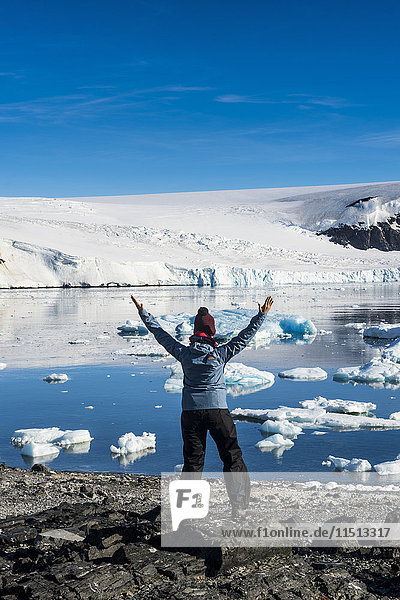 Tourist bewundert die wunderschöne Bucht voller Eisberge in Hope Bay  Antarktis  Polarregionen