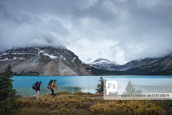Wanderer  die an Seen und schneebedeckten Bergen wandern  Banff  Alberta  Kanada