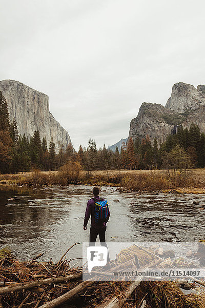 Rückansicht eines männlichen Wanderers mit Blick auf den Berg  Yosemite National Park  Kalifornien  USA
