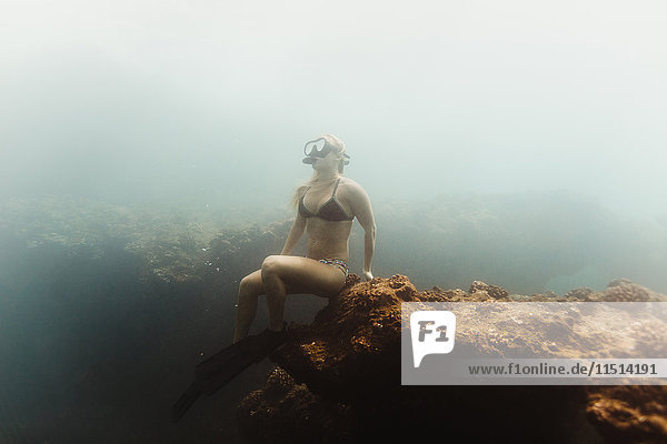 Unterwasserfrau mit Schnorchel auf Fels sitzend  Oahu  Hawaii  USA