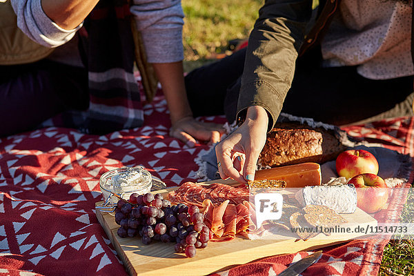 Cropped view of couple preparing fresh picnic food on cutting board in park