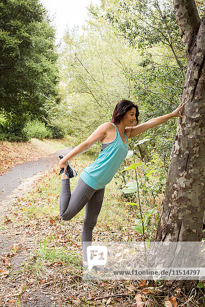 Weibliche Läuferin lehnt sich gegen einen Baum und streckt das Bein