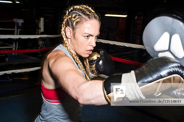 Female boxer punching boxing mitt in boxing ring