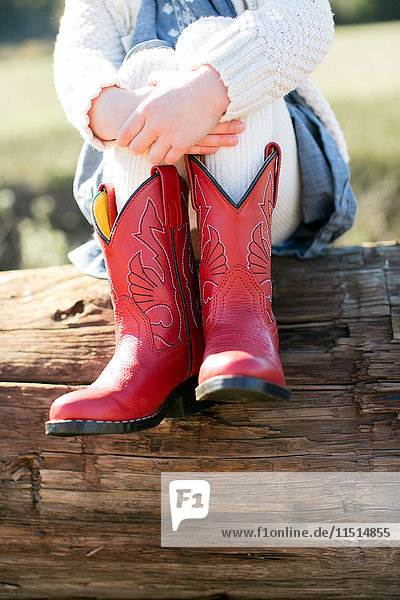 Blick von unten auf ein Mädchen  das auf einem Baumstamm sitzt und rote Cowboy-Stiefel trägt