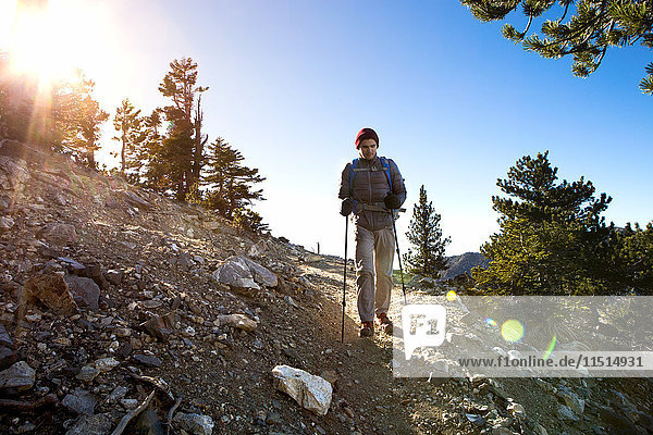 Hiker walking Cucamonga Peak  Mount Baldy  California  USA