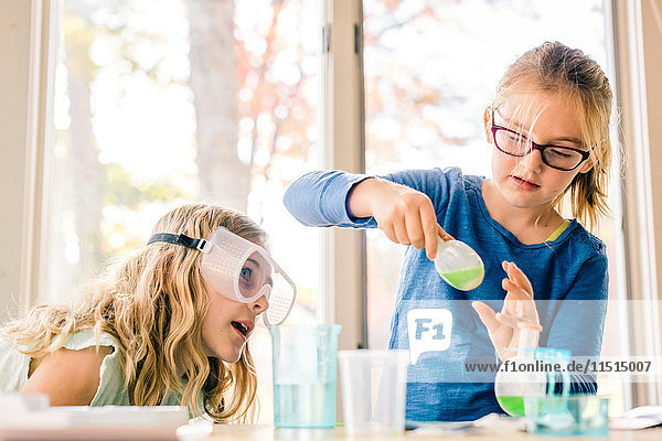 Zwei Mädchen machen ein wissenschaftliches Experiment und schütteln Flüssigkeit in einem Kolben