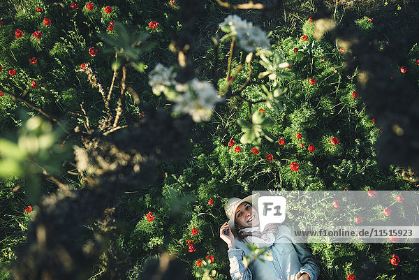 Lächelnde kaukasische Frau  die in Blumen liegt