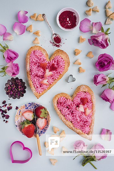 Valentine’s day puff pastry tart with rose pastry cream  strawberries and sprinkles