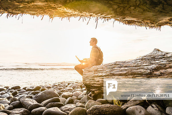 Man sitting with laptop looking out from beach in Juan de Fuca Provincial Park Vancouver Island British Columbia Canada