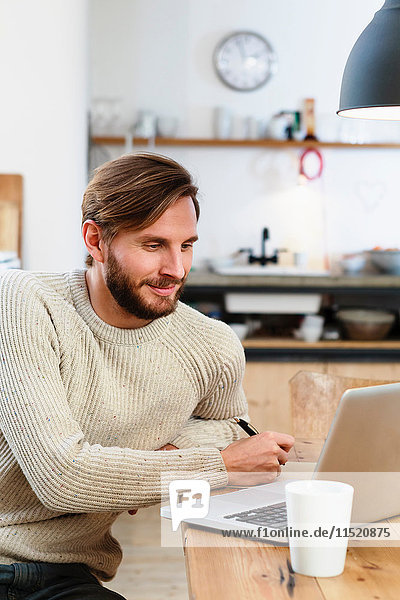 Mid adult man looking at laptop on table