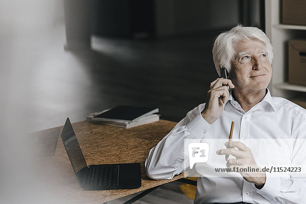 Porträt eines lächelnden Geschäftsmannes am Telefon in seinem Büro