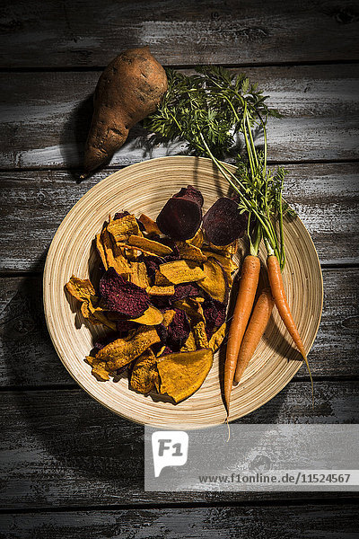 Gemüsechips aus Karotten  Süßkartoffeln und Rote Beete auf Teller und dunklem Holz