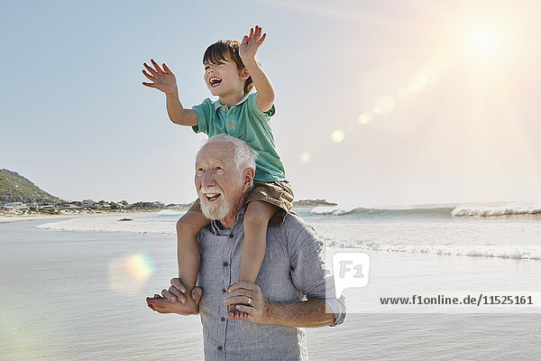 Fröhlicher älterer Mann mit Enkel auf den Schultern am Strand