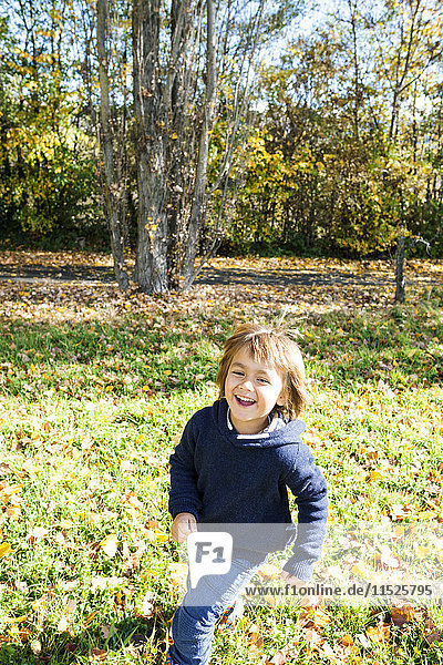 Happy little boy running on a meadow