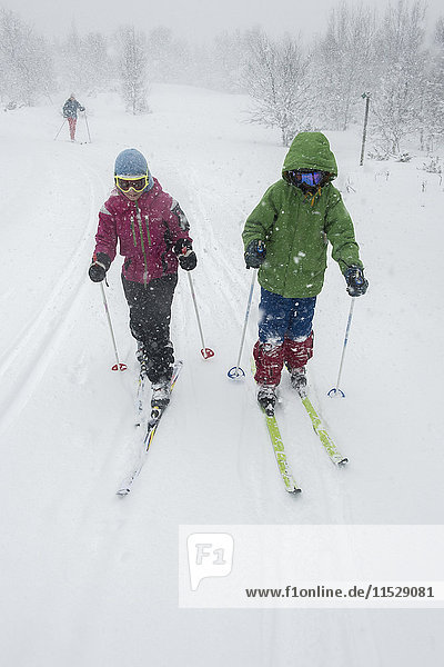 Zwei Personen beim Schneeschuhwandern im Wald