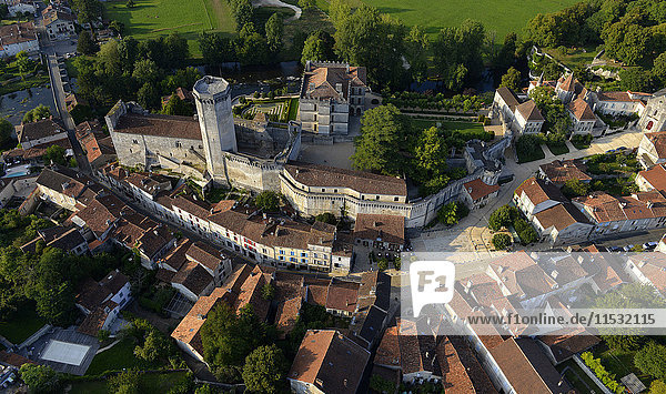 France  Dordogne  aerial view of Bourdeilles castle and the village