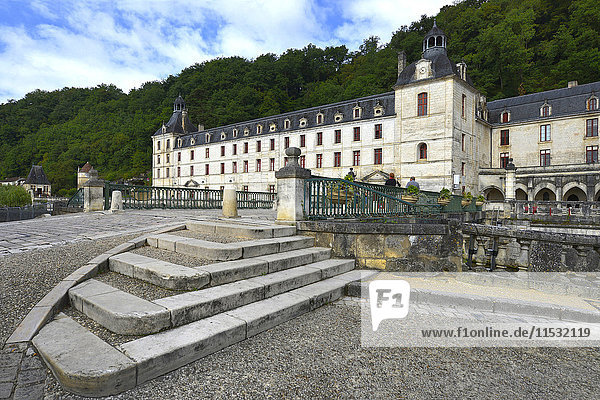 France  Dordogne  general view of Brantome Abbey. Stone steps in the foreground