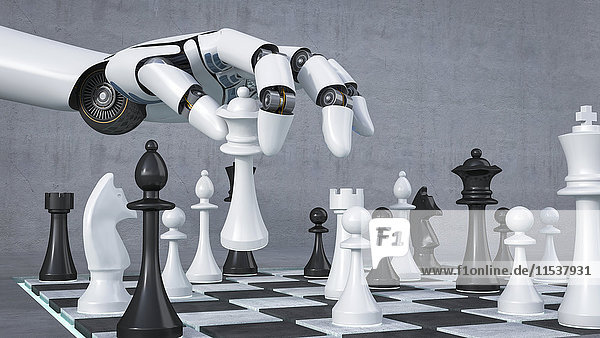 Roboterhand beim Schachspiel  3D-Rendering