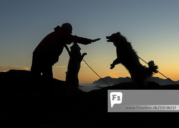 Grönland  Kulusuk  Mann  der sich um Hunde kümmert