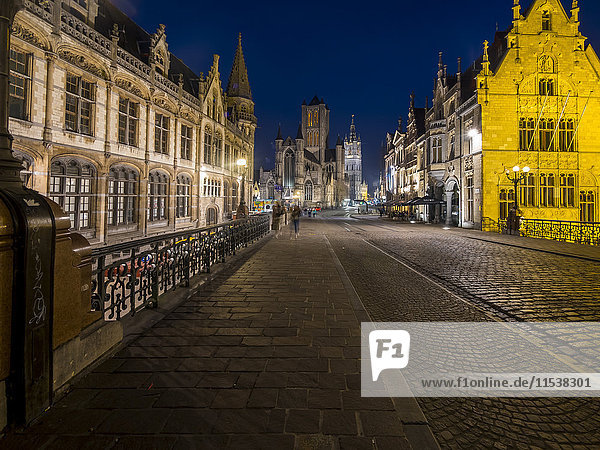 Belgium  Ghent  old town with St. Nicholas' Church and belfry at night