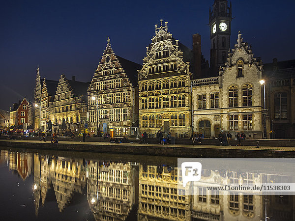 Belgium  Ghent  promenade at Graslei with historical houses at night