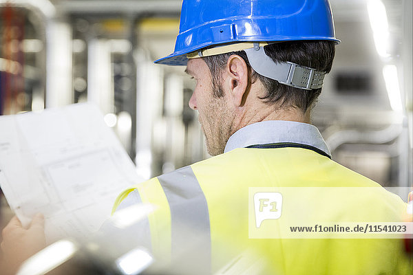 Man wearing reflective vest looking at paper in industrial plant