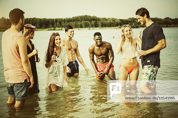 Deutschland  Haltern  Gruppe von sieben Freunden  die im Wasser des Silbersees stehen und sich gemeinsam amüsieren.