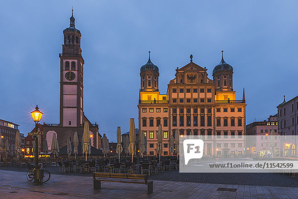 Germany  Bavaria  Augsburg  town hall and perlach tower in the evening