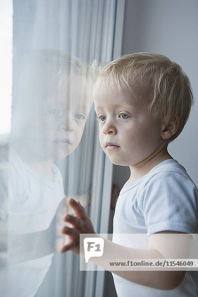 Porträt des kleinen blonden Jungen  der durchs Fenster schaut