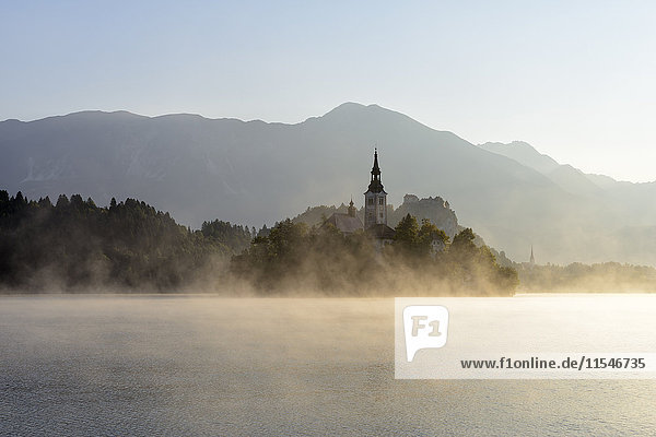 Slowenien  Gorenjska  Bled  Insel Bled  Marienwallfahrtskirche und Bleder See im Morgennebel