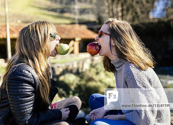 Zwei verspielte junge Frauen  die draußen Äpfel essen.