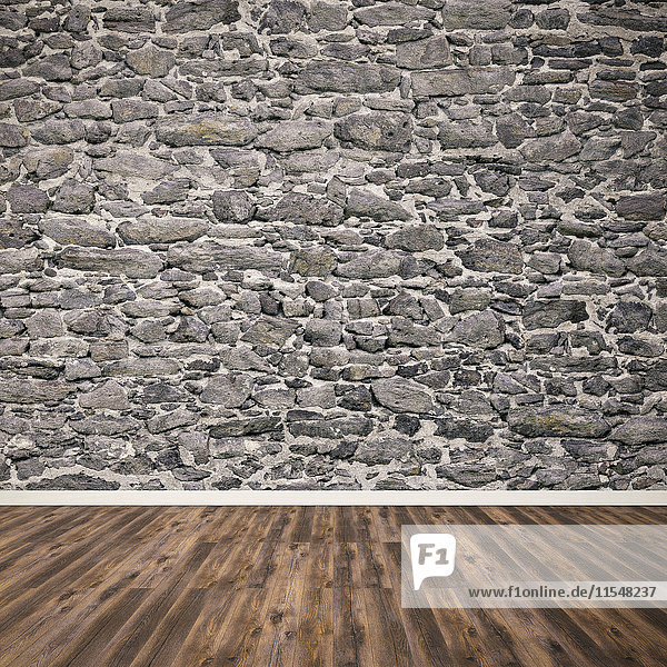 Natursteinmauer und Holzboden  3D-Rendering