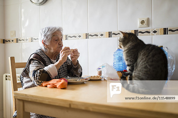 Seniorin isst  während die Katze sie beobachtet.