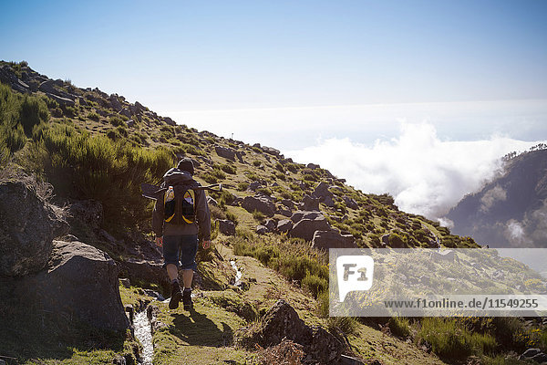 Portugal  Madeira  man on hiking trip along the Levadas