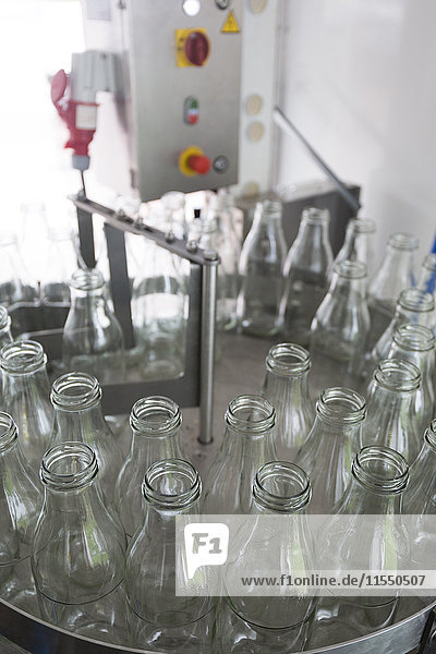 Empty glass bottles in a bottling plant