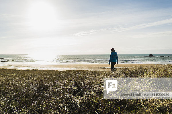 France  Bretagne  Finistere  Crozon peninsula  woman walking at the coast