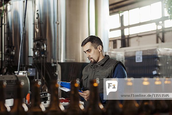 Young man working in craft brewery