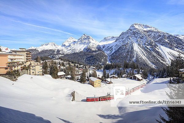 Red train of Rhaetian Railway passes in the snowy landscape of Arosa district of Plessur Canton of Graubunden Swiss Alps Switzerland Europe